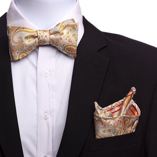 Cream Beige Orange Silk Self Bow Tie