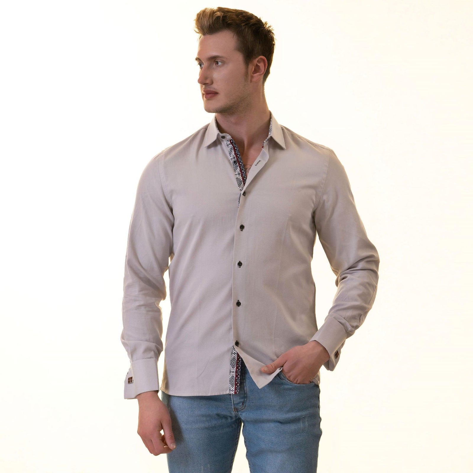 Gray & White Double Cuff Slim Fit Shirt