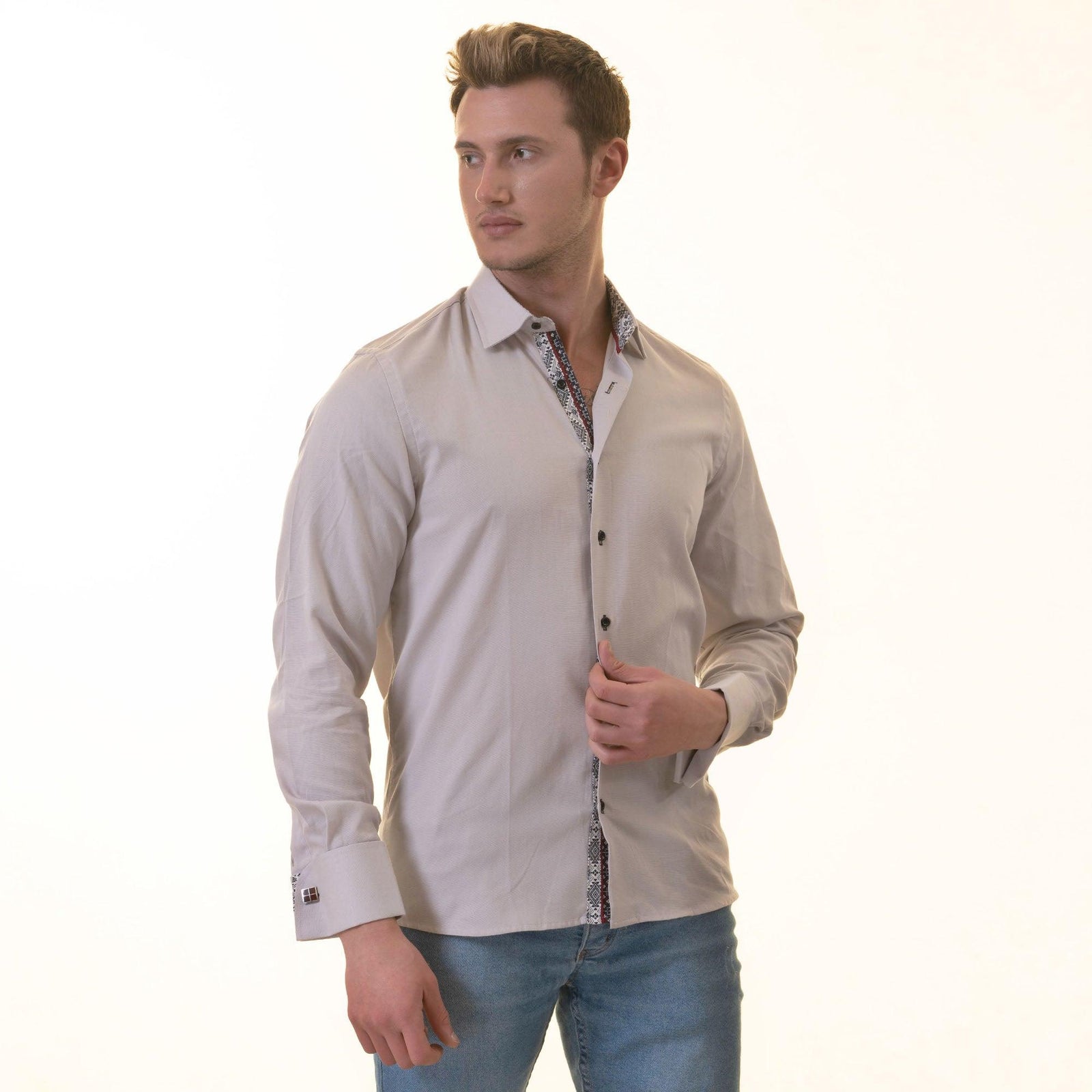 Gray & White Double Cuff Slim Fit Shirt