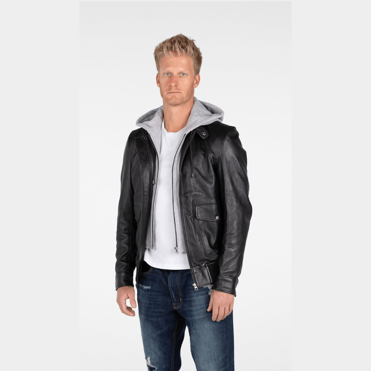 Men's Lambskin Hooded Leather Bomber Jacket