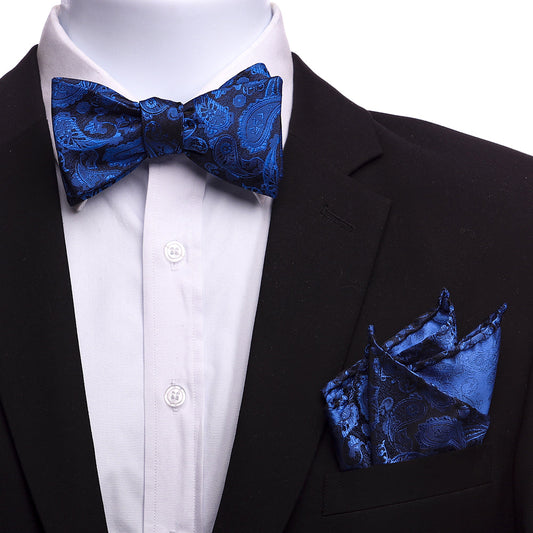 Silk Blue Black Self Bow Tie Set