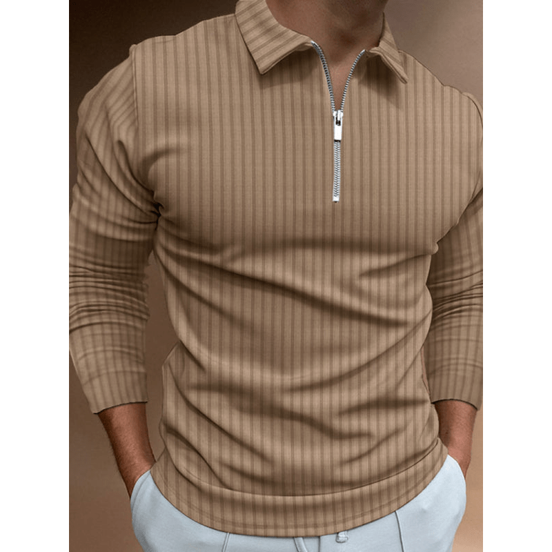 Zipper Striped Long-Sleeved Polo